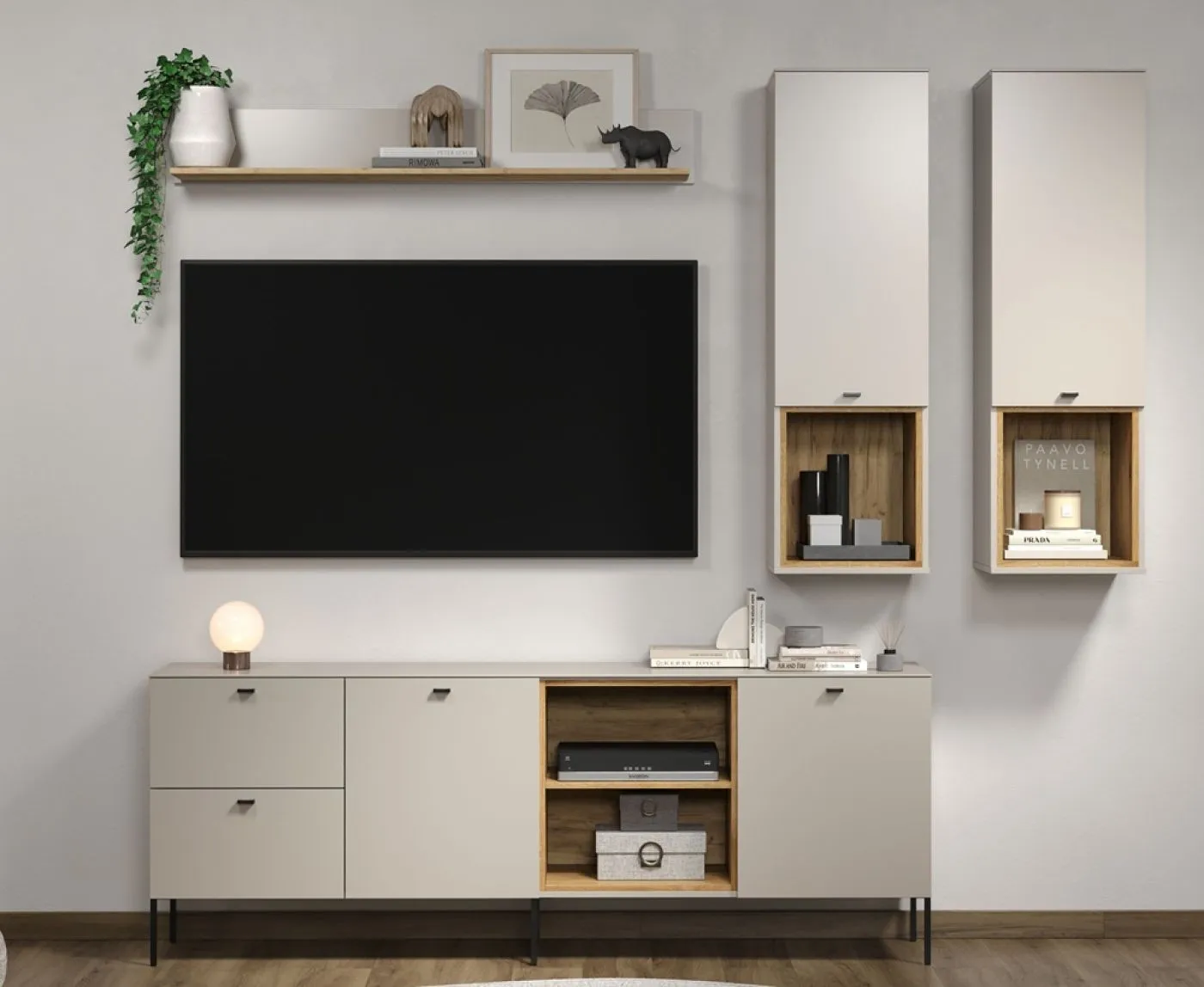 TV-Board Lowboard Sao Paulo, Schubkästen links, offenes Fachwerk mit Böden in der Mitte, Türen rechts, Metallfüße – Ansicht 6