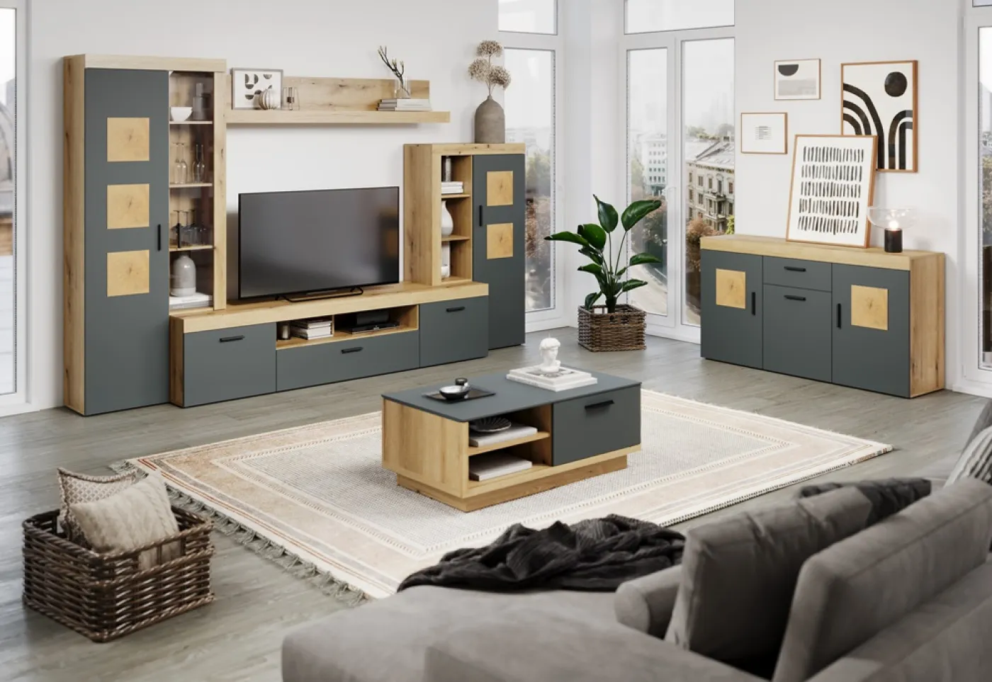 TV-Board Lowboard Tyler | grau / Coast Evoke Eiche ohne Beleuchtung
