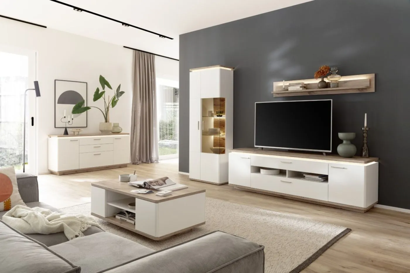TV-Board Palermo | Soft white / Viking Oak | inkl. Beleuchtung