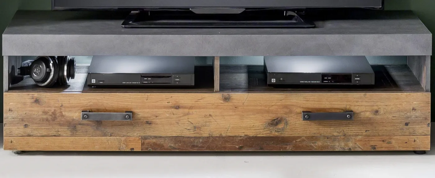 TV Lowboard & Wandboard Indy | Old Used Wood / Matera grau | 2-teilig | Shabby Look mit LED Unterbauspots
