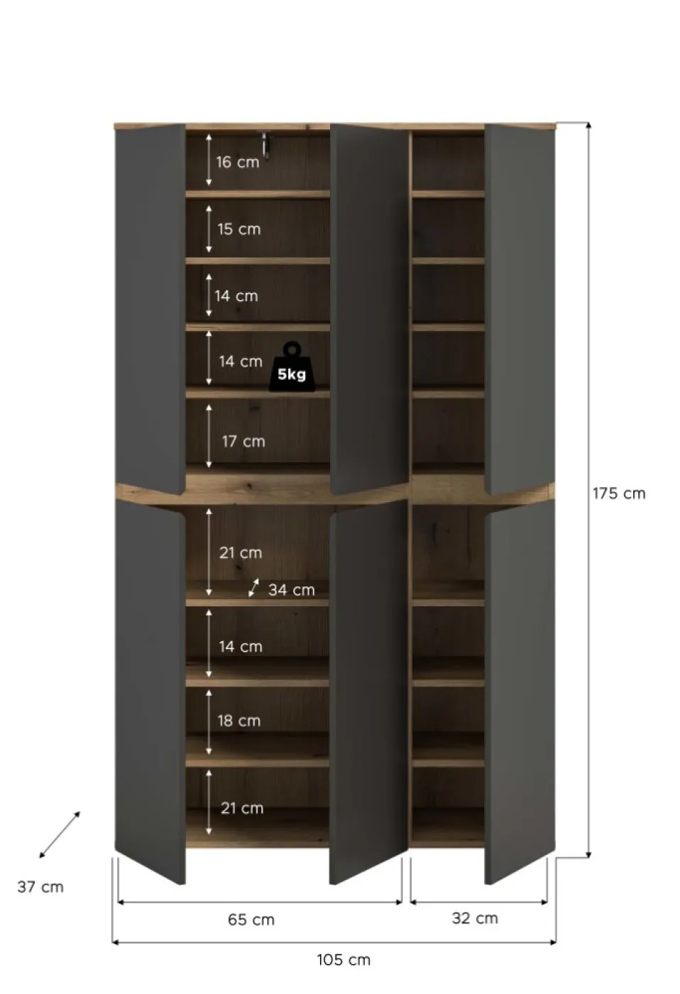 Universalschrank Scarpa | 105 x 175cm | anthrazit / Evoke Eiche