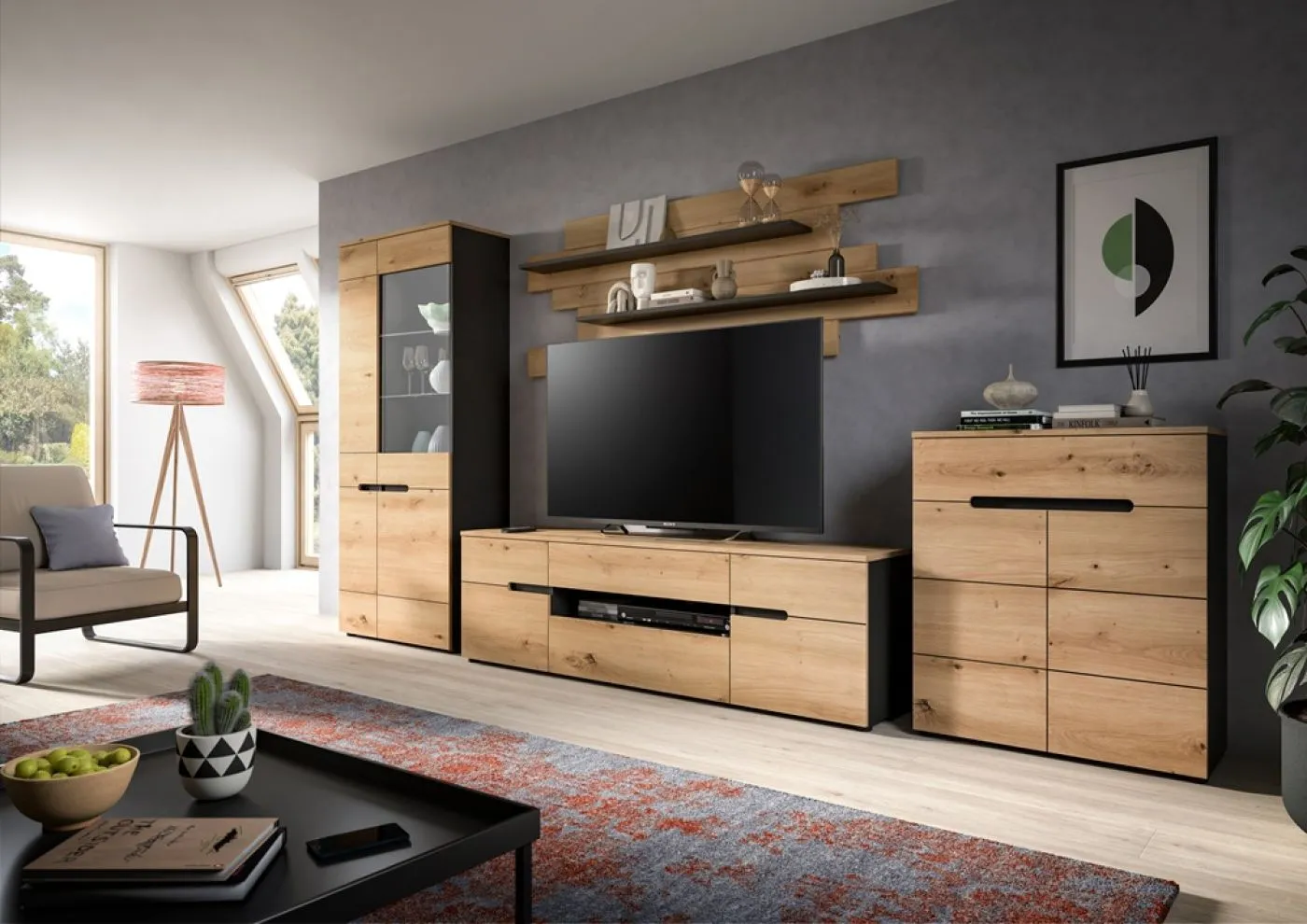 Vitrine Canu | Basalt grau / Artisan Eiche