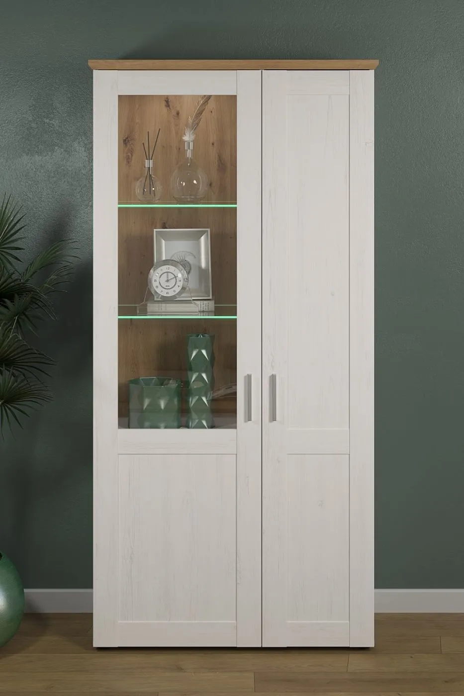 Vitrine groß Shade | Andersen Pinie weiß / Artisan Eiche | Landhausstil | LED Beleuchtung