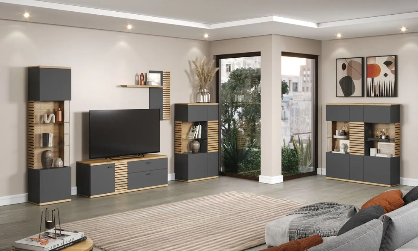 Vitrine Hochschrank Norris | grau / Coast Evoke Oak