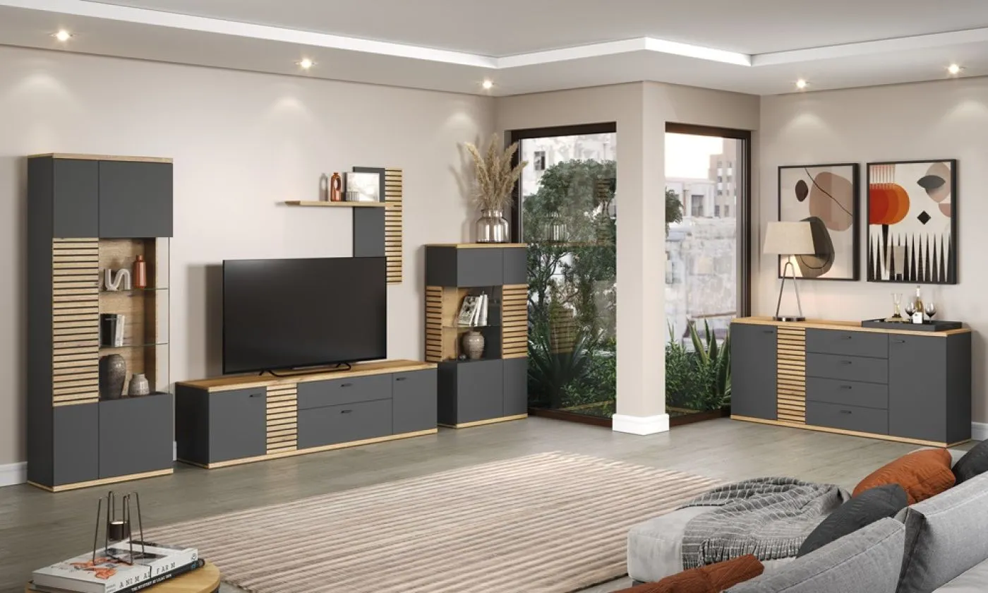 Vitrine Hochschrank Norris | grau / Coast Evoke Oak