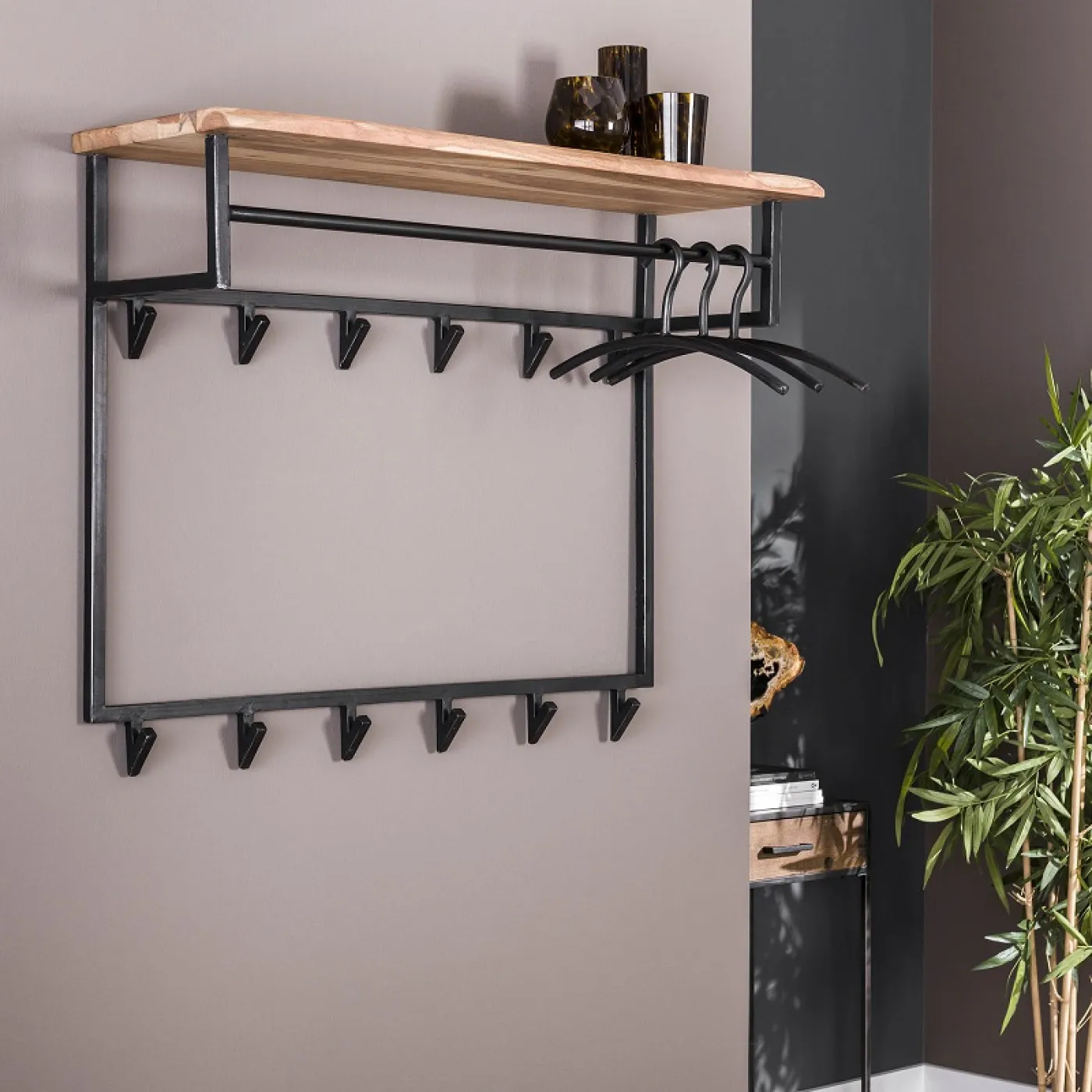 Wandgarderobe Garderobenpaneel Kes mit Hutablage & 12 Haken | Akazie massiv