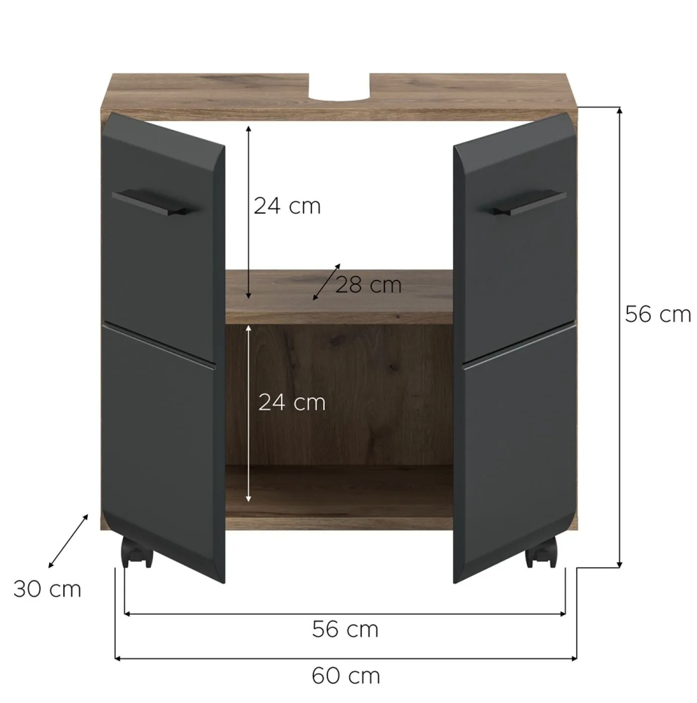 Waschbeckenunterschrank Ice | auf Rollen | Nox Oak / schwarz