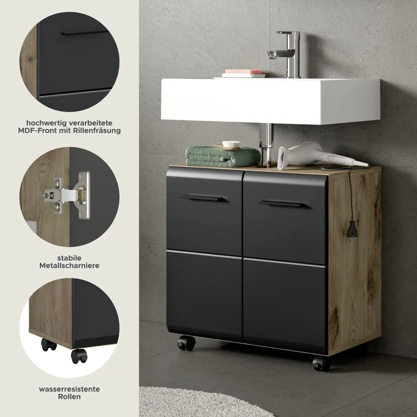 Waschbeckenunterschrank Ice | auf Rollen | Nox Oak / schwarz