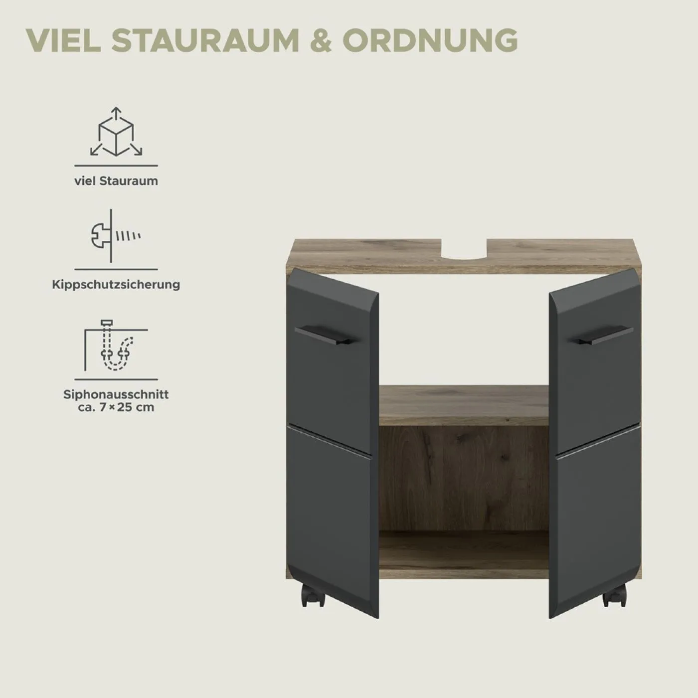 Waschbeckenunterschrank Ice | auf Rollen | Nox Oak / schwarz