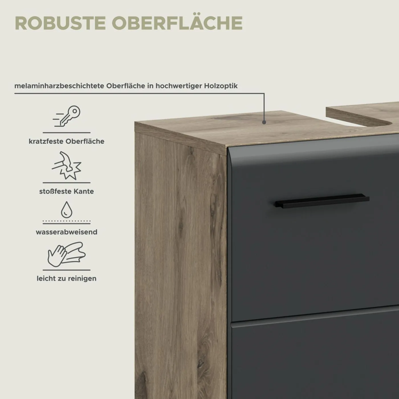 Waschbeckenunterschrank Ice | auf Rollen | Nox Oak / schwarz