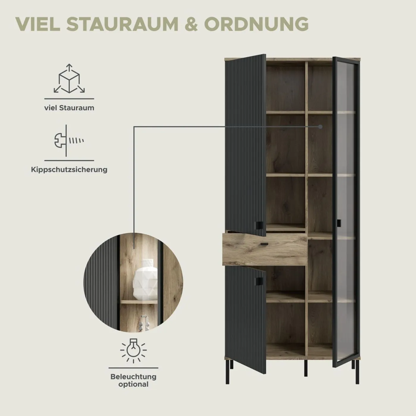 Wohnkombination Chess | 2-teilig | Nox Oak / schwarz mit LED Beleuchtung