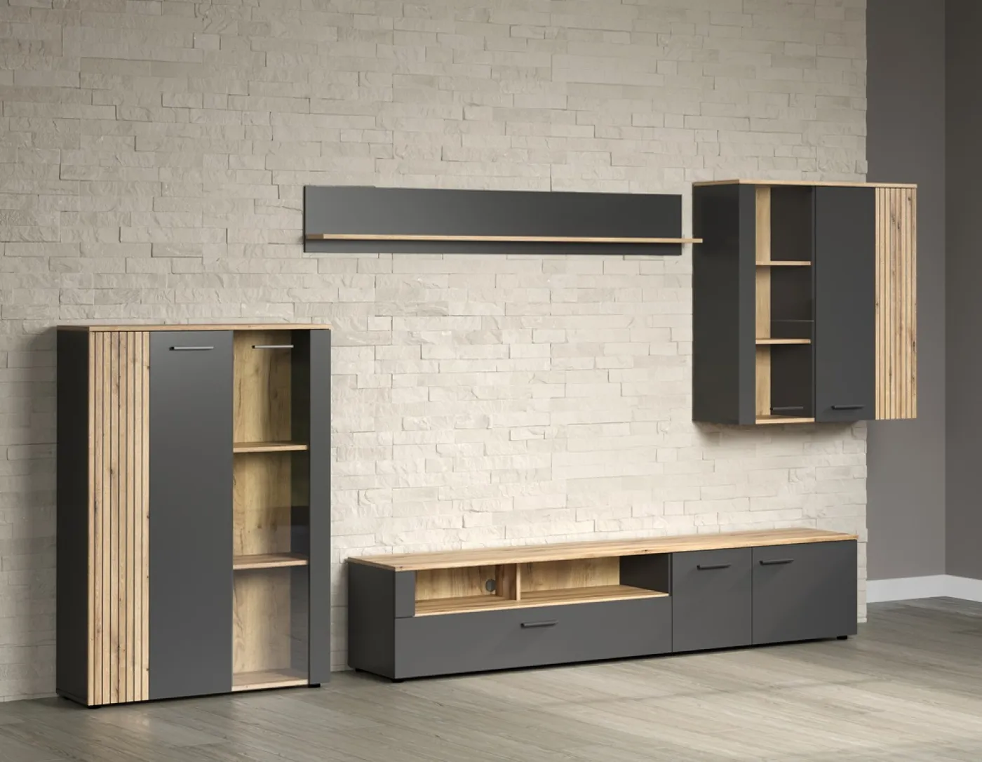 Wohnkombination Esteban | Anthrazit / Coast Evoke Oak | 4-teilig