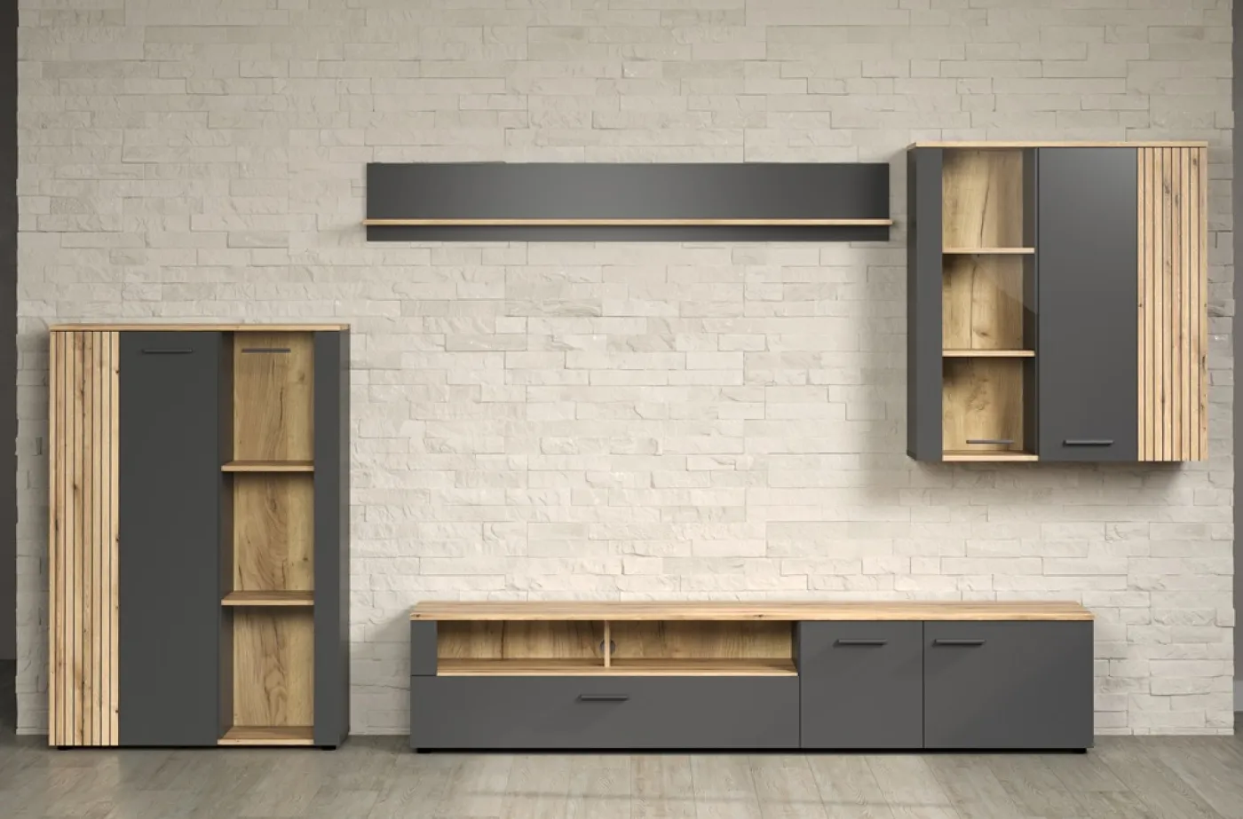Wohnkombination Esteban | Anthrazit / Coast Evoke Oak | 4-teilig