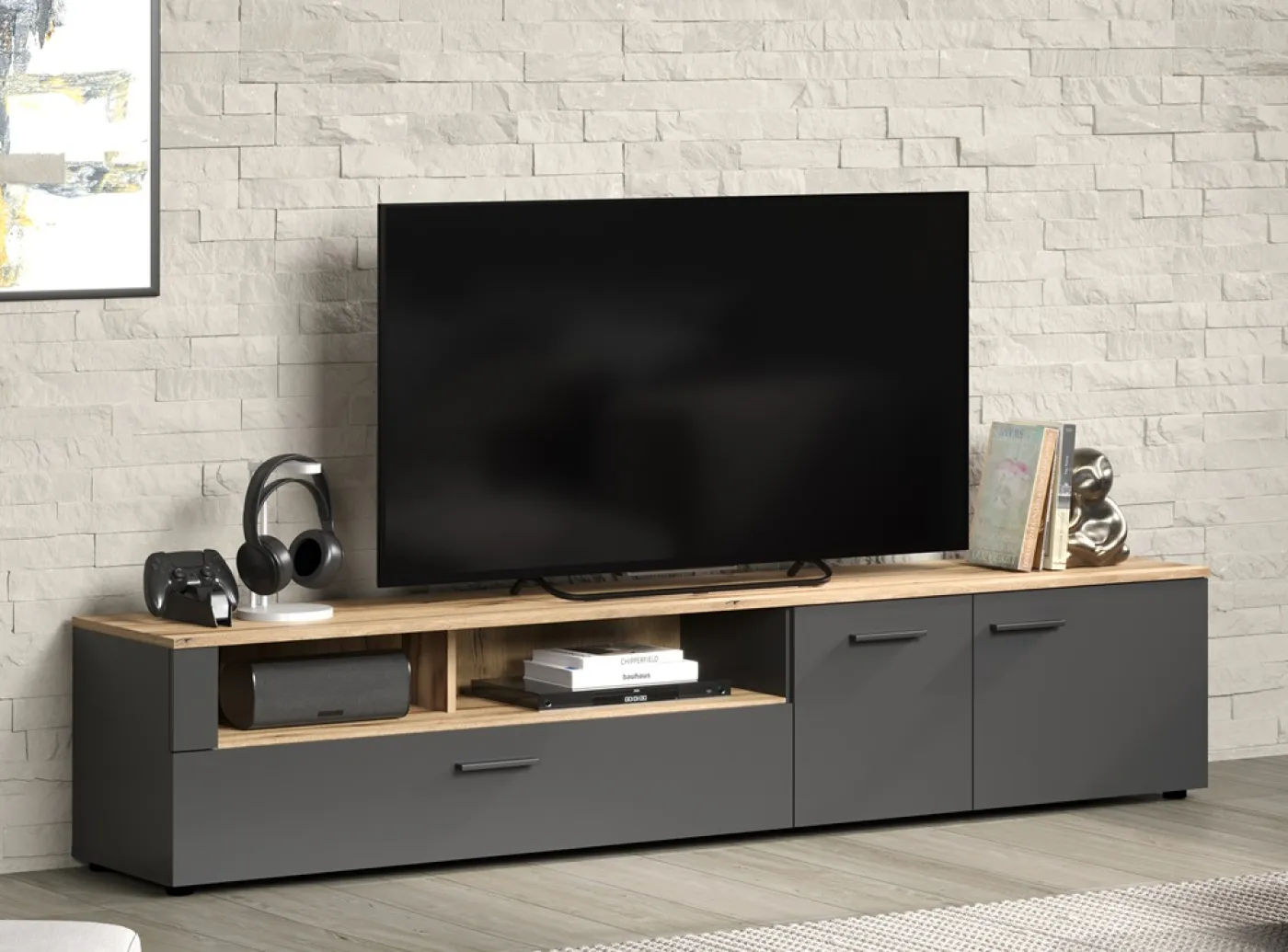 Wohnkombination Esteban | Anthrazit / Coast Evoke Oak | 4-teilig 3er Set LED Unterbauspot