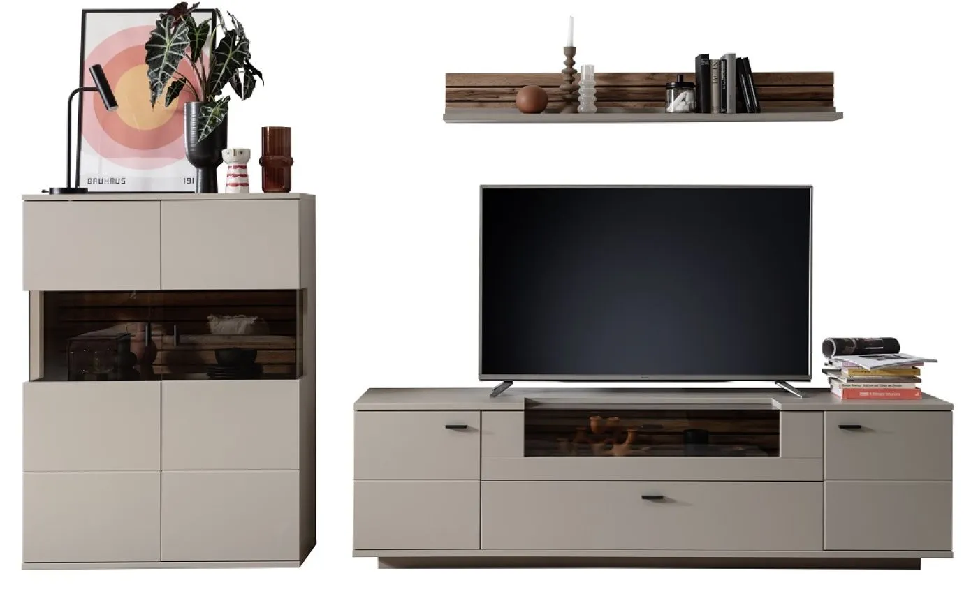 Wohnkombination Lüttich 2 | Basalt / Wotan Eiche | 3-teilig | Highboard & Wandboard mit Bandbeleuchtung