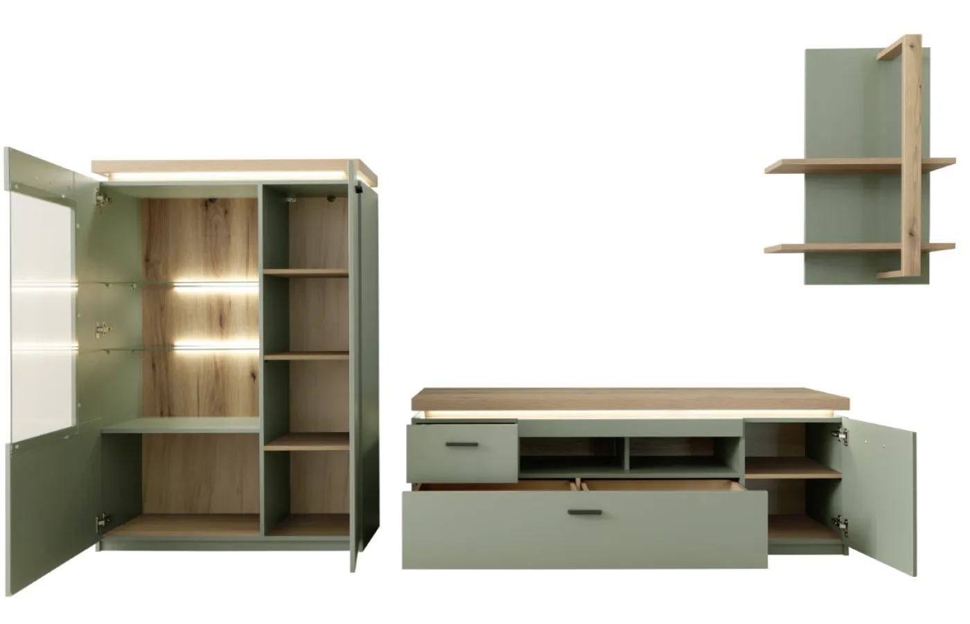 Wohnkombination Moniz 1 | Salbei grün / Eiche Evoke | 3-teilig | mit LED Beleuchtung