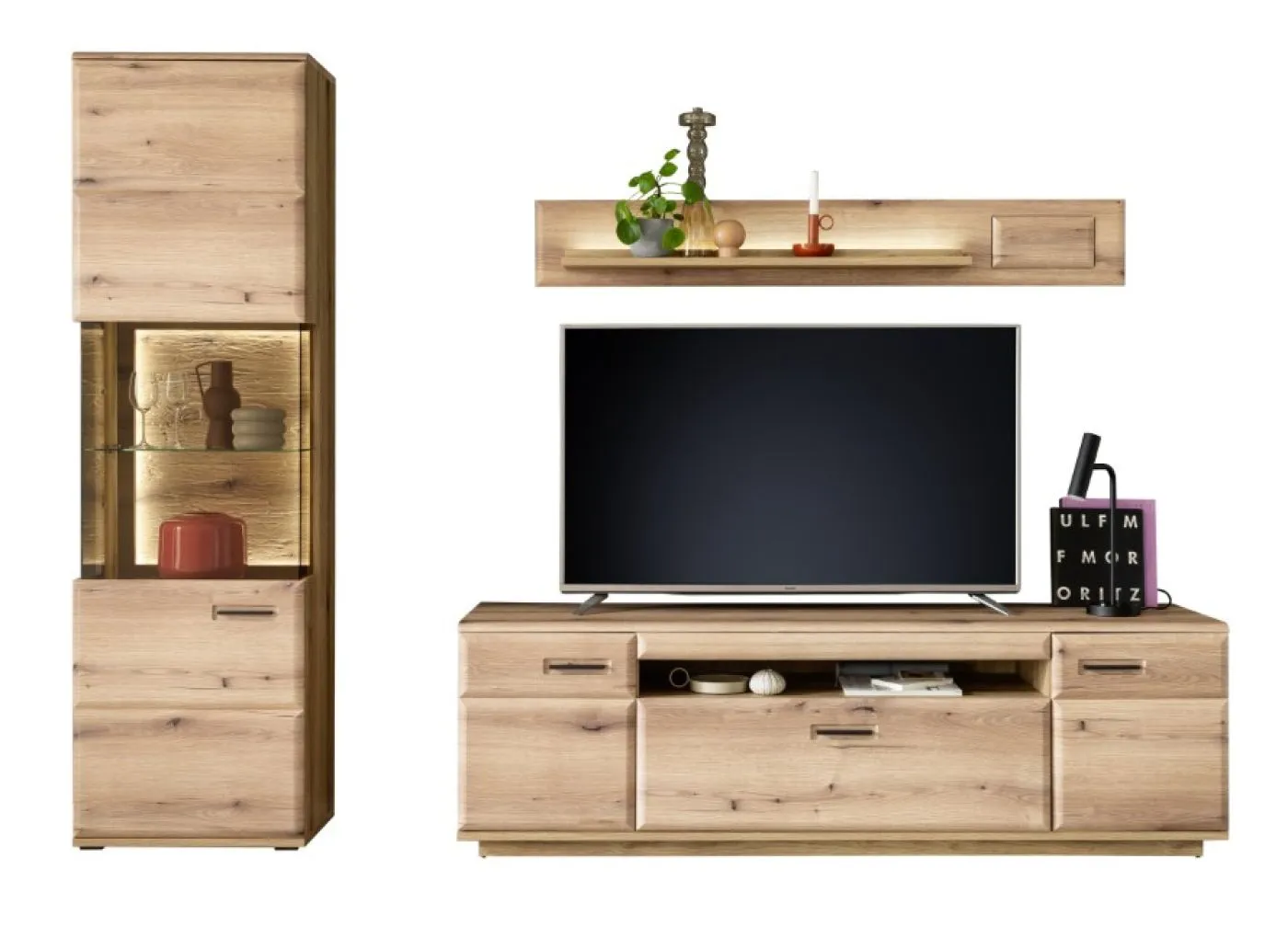 Wohnkombination Naxos | Eiche Evoke | 3-teilig | mit 110 cm Beleuchtung