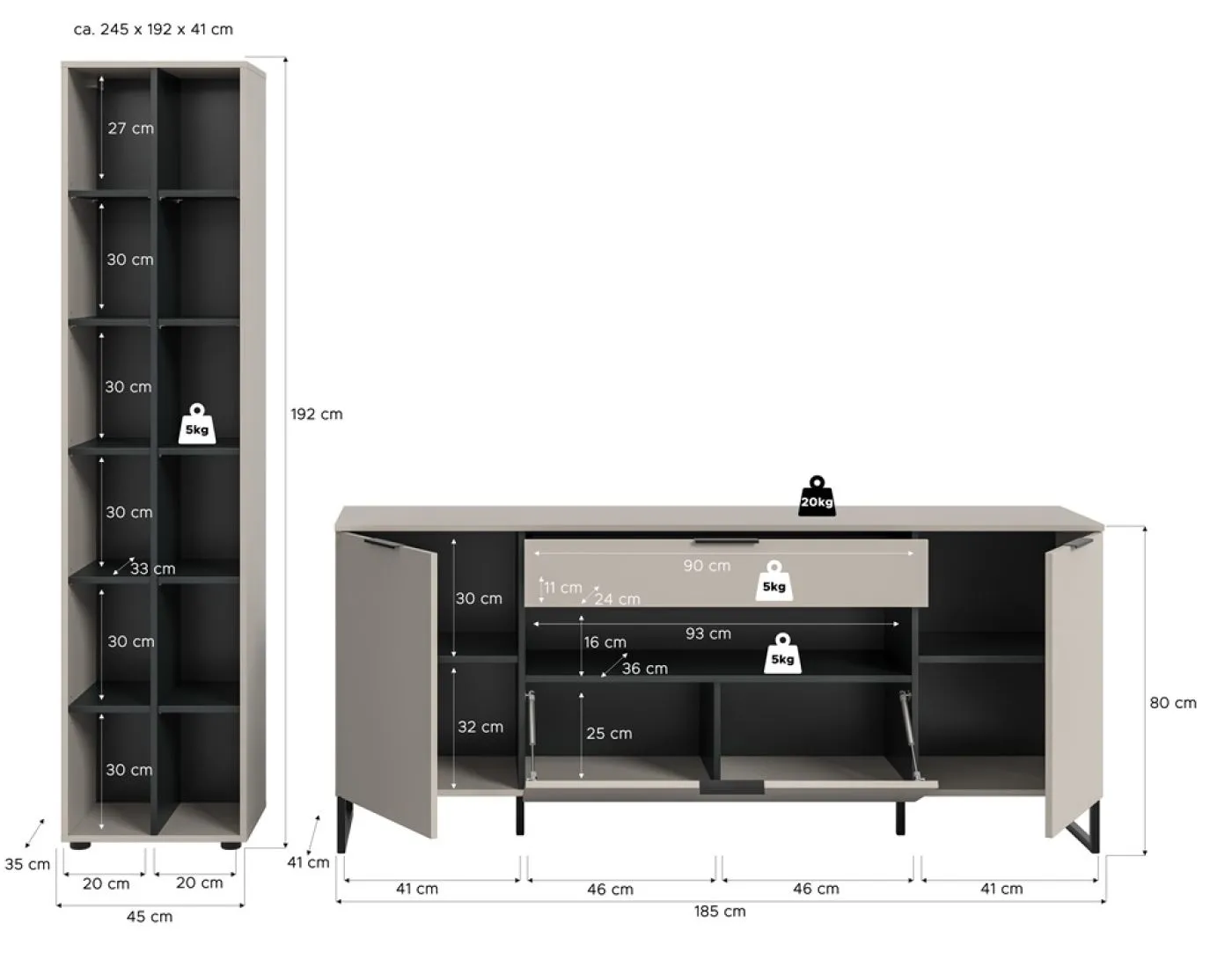 Wohnkombination Noida 4 | 2-teilig | Kaschmir / schwarz mit 2er Set LED Beleuchtung