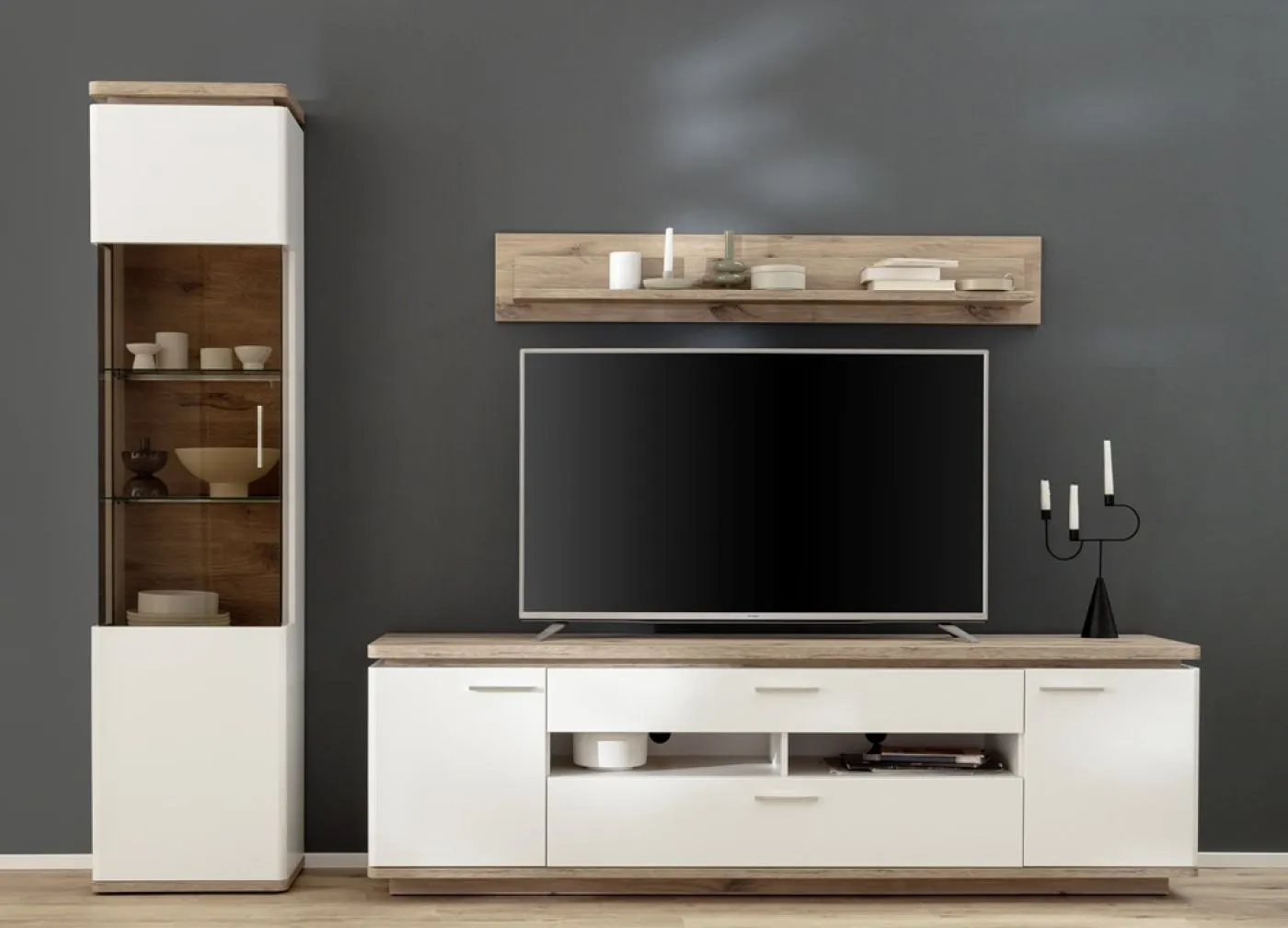 Wohnkombination Palermo 2 | Soft white / Viking Oak | 3-teilig | mit 135 cm Beleuchtung