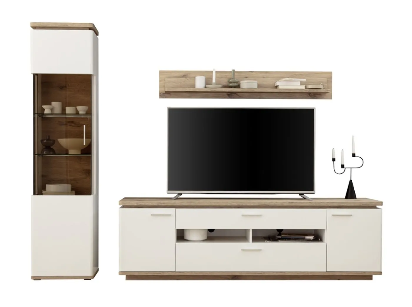 Wohnkombination Palermo 2 | Soft white / Viking Oak | 3-teilig | mit 135 cm Beleuchtung