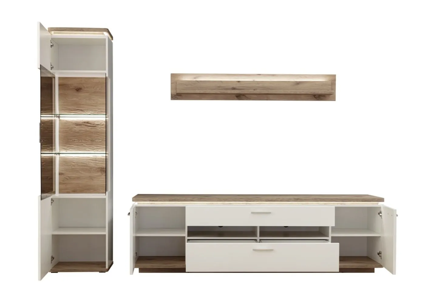 Wohnkombination Palermo 2 | Soft white / Viking Oak | 3-teilig | mit 135 cm Beleuchtung