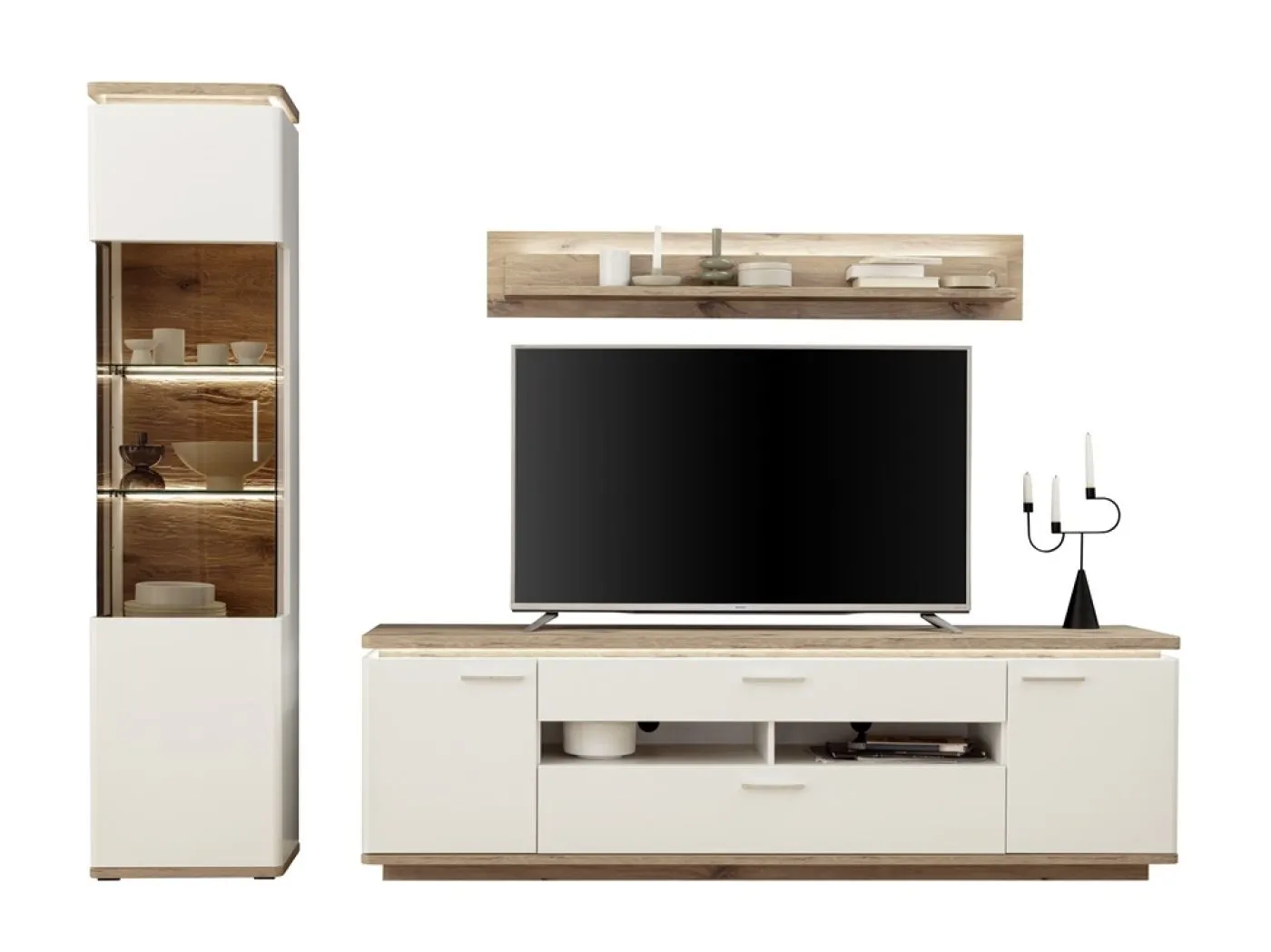 Wohnkombination Palermo 2 | Soft white / Viking Oak | 3-teilig | ohne Beleuchtung