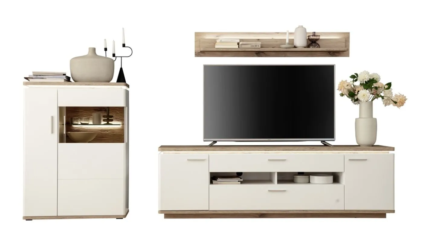 Wohnkombination Palermo 3 | Soft white / Viking Oak | 3-teilig | komplett Beleuchtung