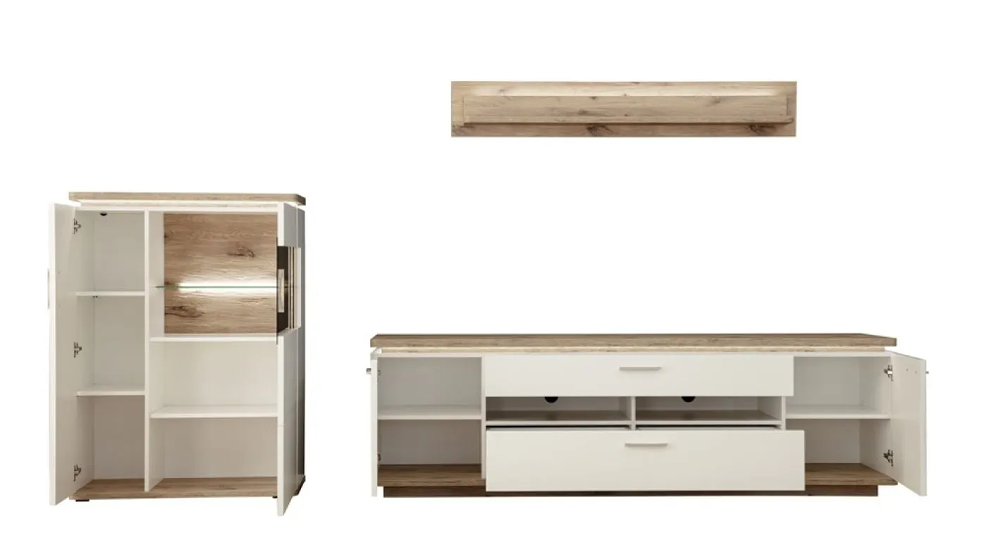 Wohnkombination Palermo 3 | Soft white / Viking Oak | 3-teilig | komplett Beleuchtung