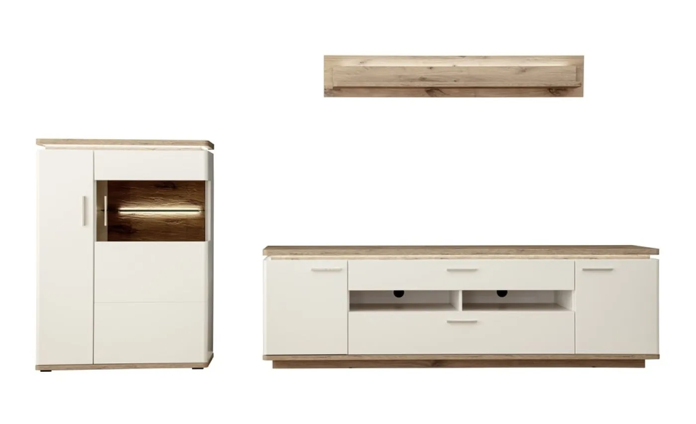 Wohnkombination Palermo 3 | Soft white / Viking Oak | 3-teilig | mit 135 cm Beleuchtung