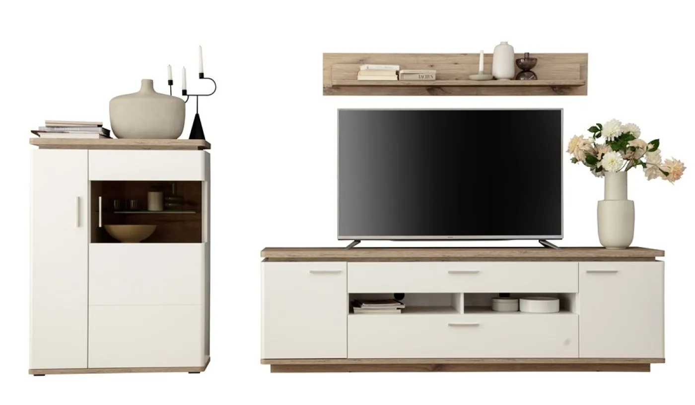 Wohnkombination Palermo 3 | Soft white / Viking Oak | 3-teilig | mit 45 cm Beleuchtung