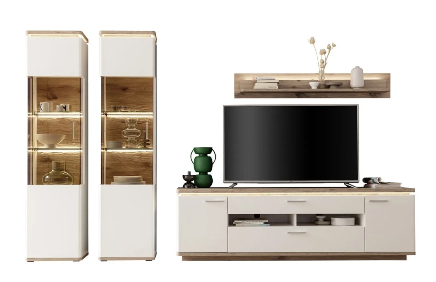Wohnkombination Palermo 4 | Soft white / Viking Oak | 4-teilig | komplett Beleuchtung