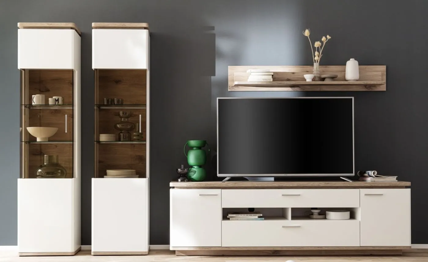 Wohnkombination Palermo 4 | Soft white / Viking Oak | 4-teilig | LED Beleuchtung
