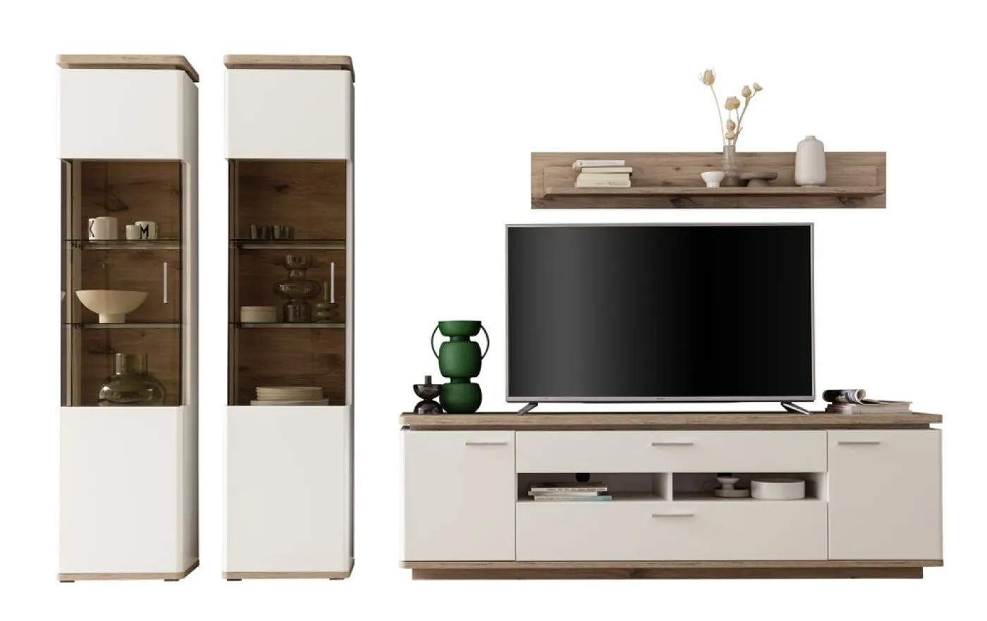 Wohnkombination Palermo 4 | Soft white / Viking Oak | 4-teilig | mit 4er Set 45 cm Beleuchtung