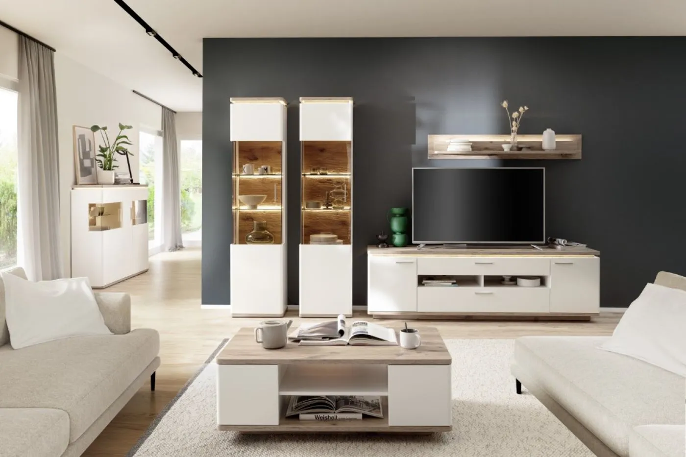 Wohnkombination Palermo 4 | Soft white / Viking Oak | 4-teilig | ohne Beleuchtung