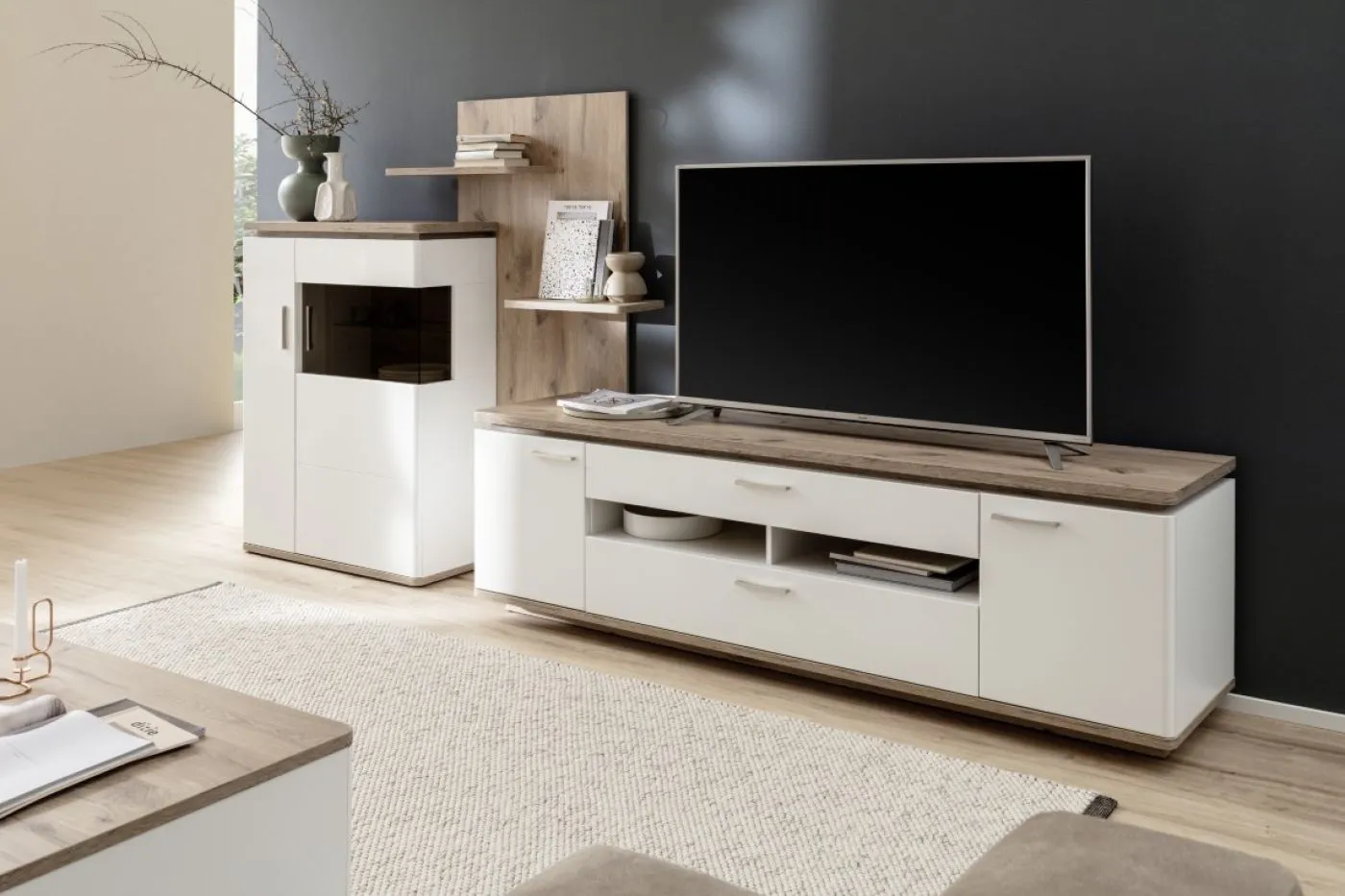 Wohnkombination Palermo | Soft white / Viking Oak | 3-teilig | LED Beleuchtung