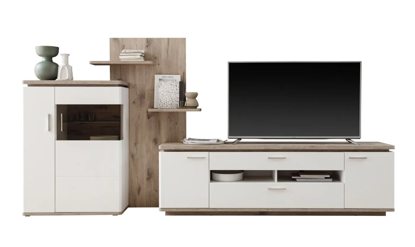 Wohnkombination Palermo | Soft white / Viking Oak | 3-teilig | LED Beleuchtung