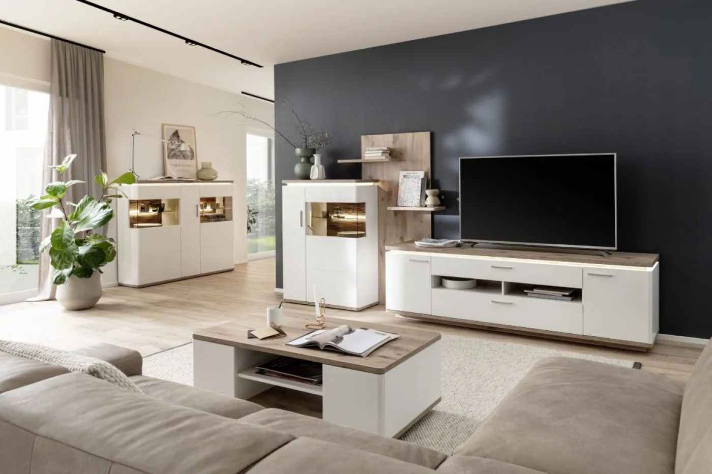 Wohnkombination Palermo | Soft white / Viking Oak | 3-teilig | ohne Beleuchtung