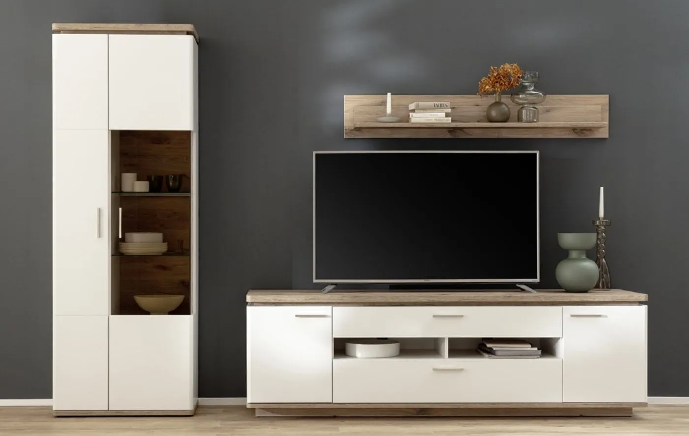 Wohnkombination Palermo1 | Soft white / Viking Oak | 3-teilig | LED Beleuchtung