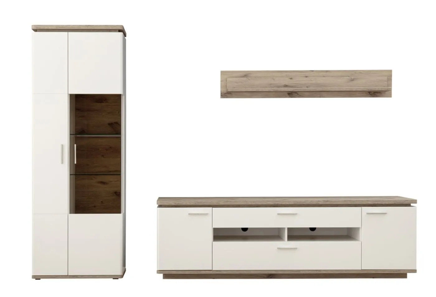 Wohnkombination Palermo1 | Soft white / Viking Oak | 3-teilig | mit 2er Set 40 cm Beleuchtung