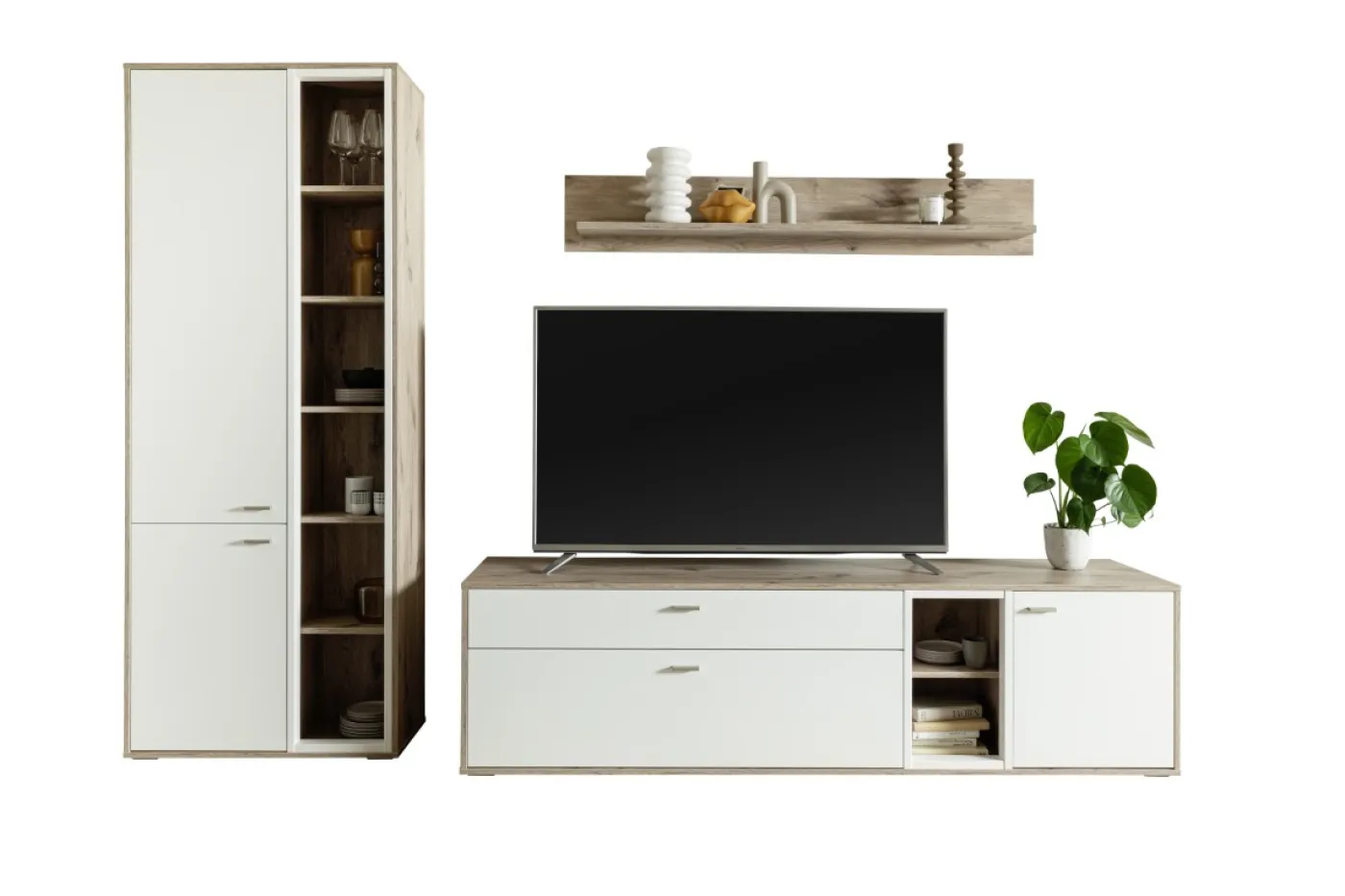Wohnkombination Santerno 1 | Soft white / Viking Oak | 3-teilig | LED Beleuchtung
