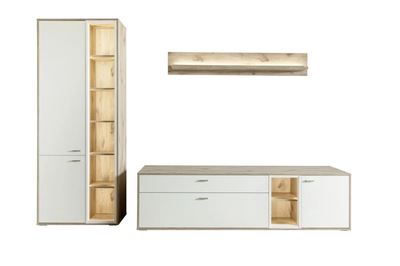 Wohnkombination Santerno 1 | Soft white / Viking Oak | 3-teilig | LED Beleuchtung