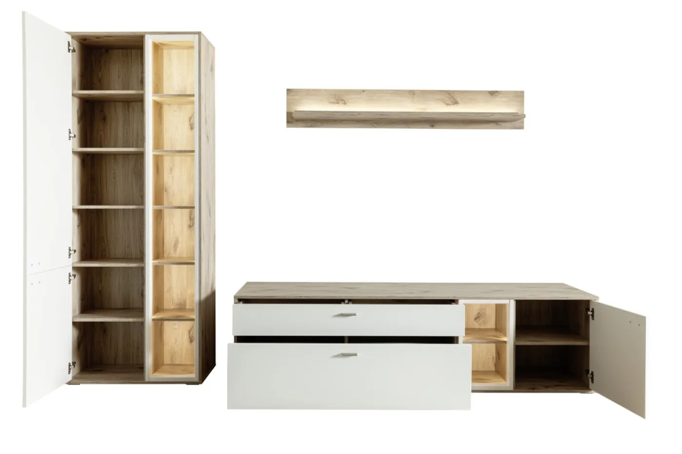 Wohnkombination Santerno 1 | Soft white / Viking Oak | 3-teilig | mit 50 cm Beleuchtung