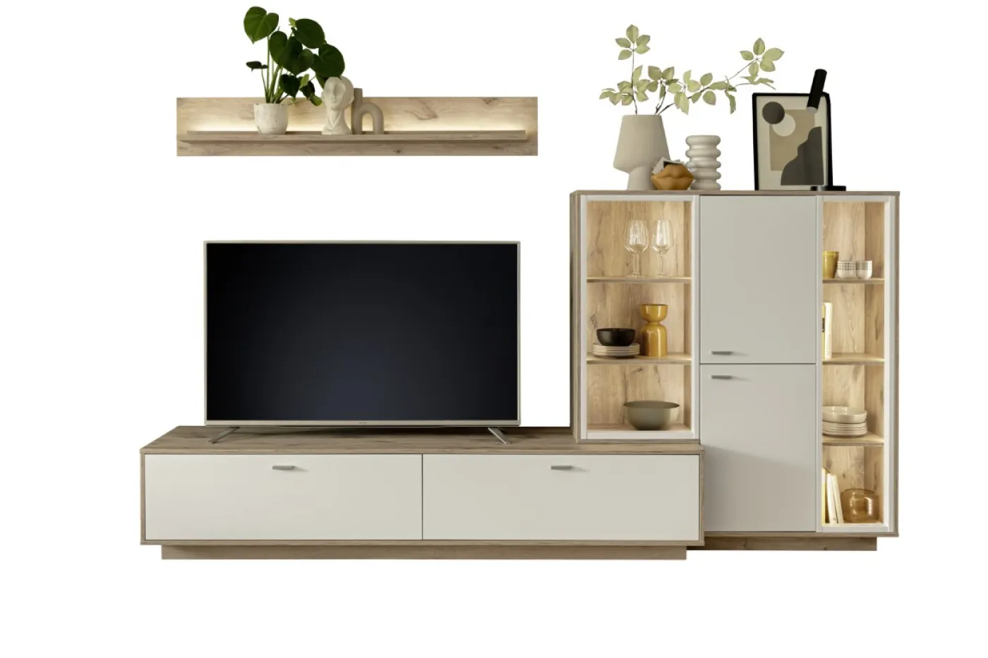Wohnkombination Santerno 2 | Soft white / Viking Oak | 3-teilig | LED Beleuchtung