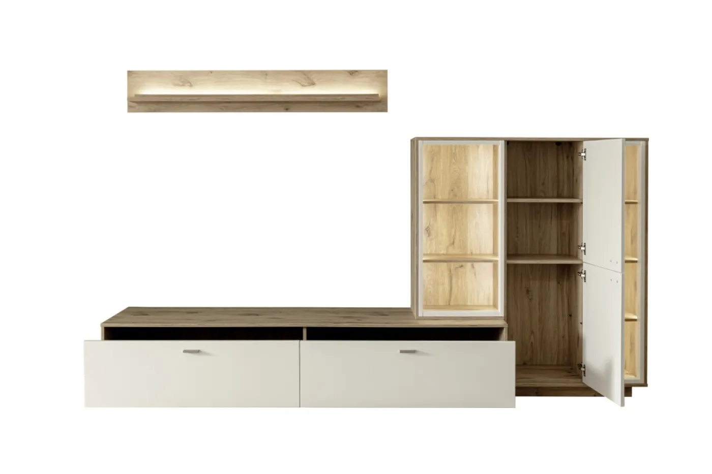 Wohnkombination Santerno 2 | Soft white / Viking Oak | 3-teilig | mit 135 cm Beleuchtung