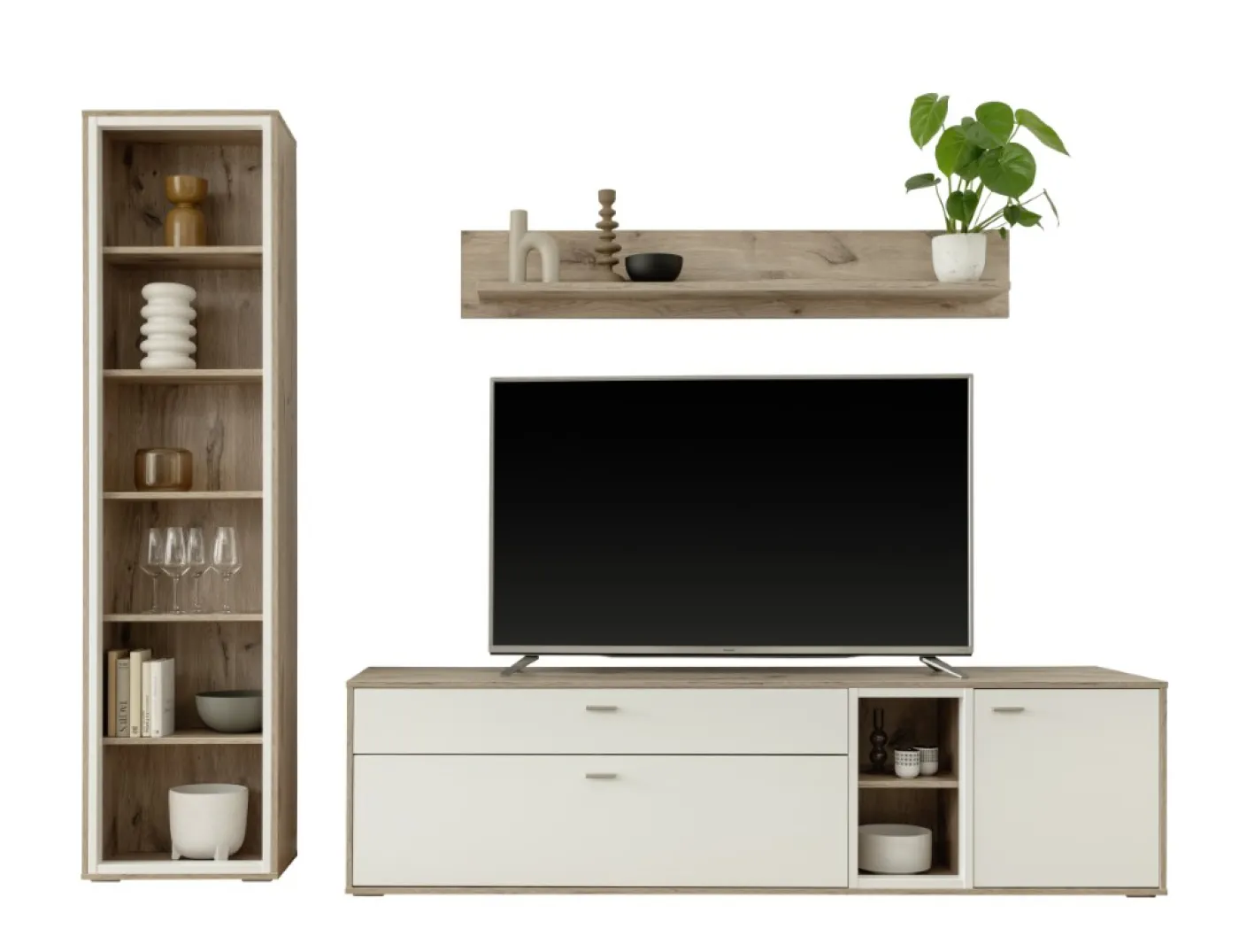 Wohnkombination Santerno | Soft white / Viking Oak | 3-teilig | LED Beleuchtung