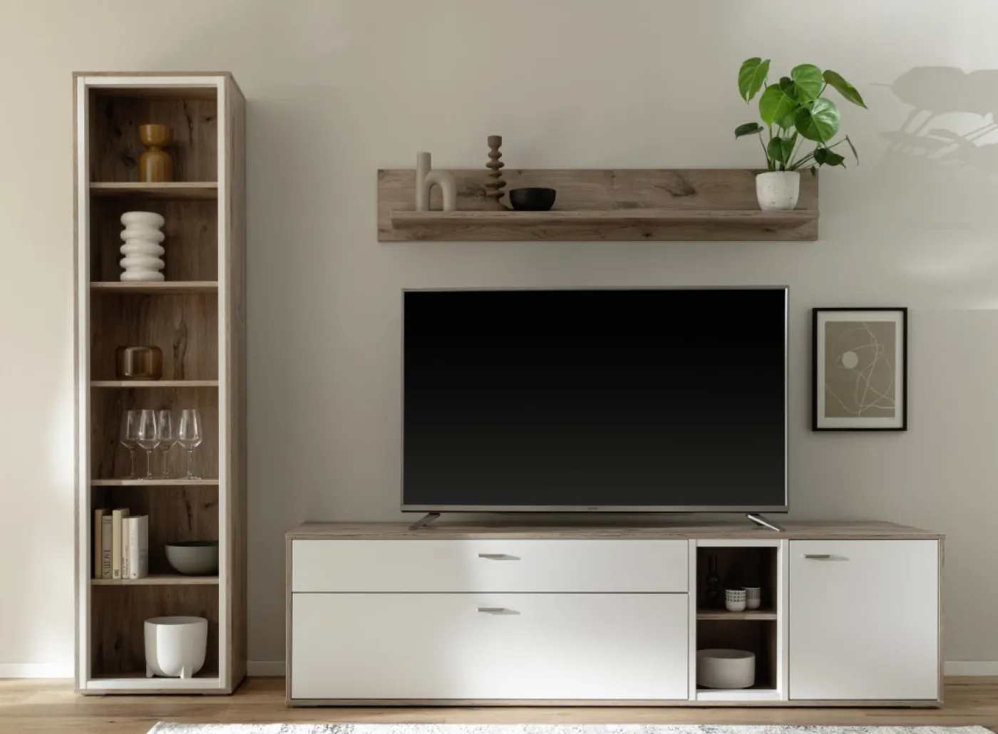 Wohnkombination Santerno | Soft white / Viking Oak | 3-teilig | mit 50 cm Beleuchtung