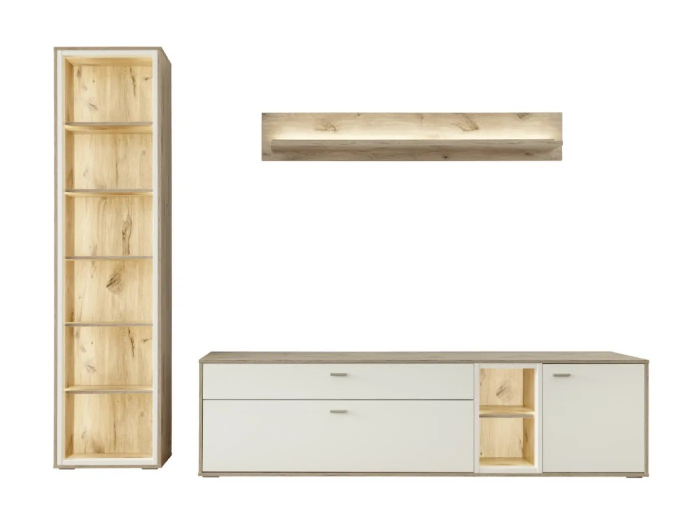 Wohnkombination Santerno | Soft white / Viking Oak | 3-teilig | mit 50 cm Beleuchtung