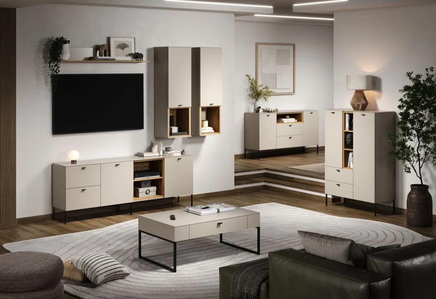 Wohnkombination Sao Paulo, Kaschmir Dekor, Wohnzimmer mit Lowboard, Wandschränken, Regal und Wandpaneel – Ansicht 7