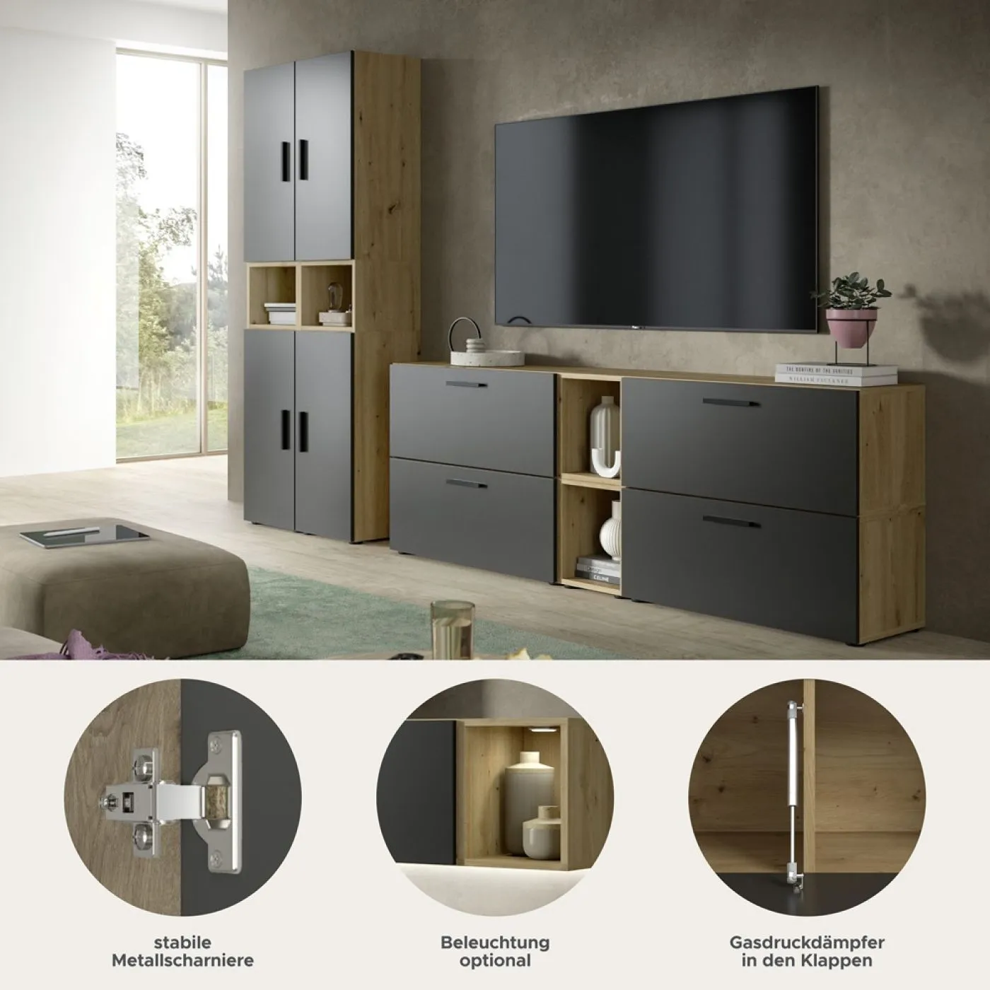 Wohnkombination The One 1 | 12-teilig | Artisan Oak / Basalt grau mit 4er Set Unterbauspot