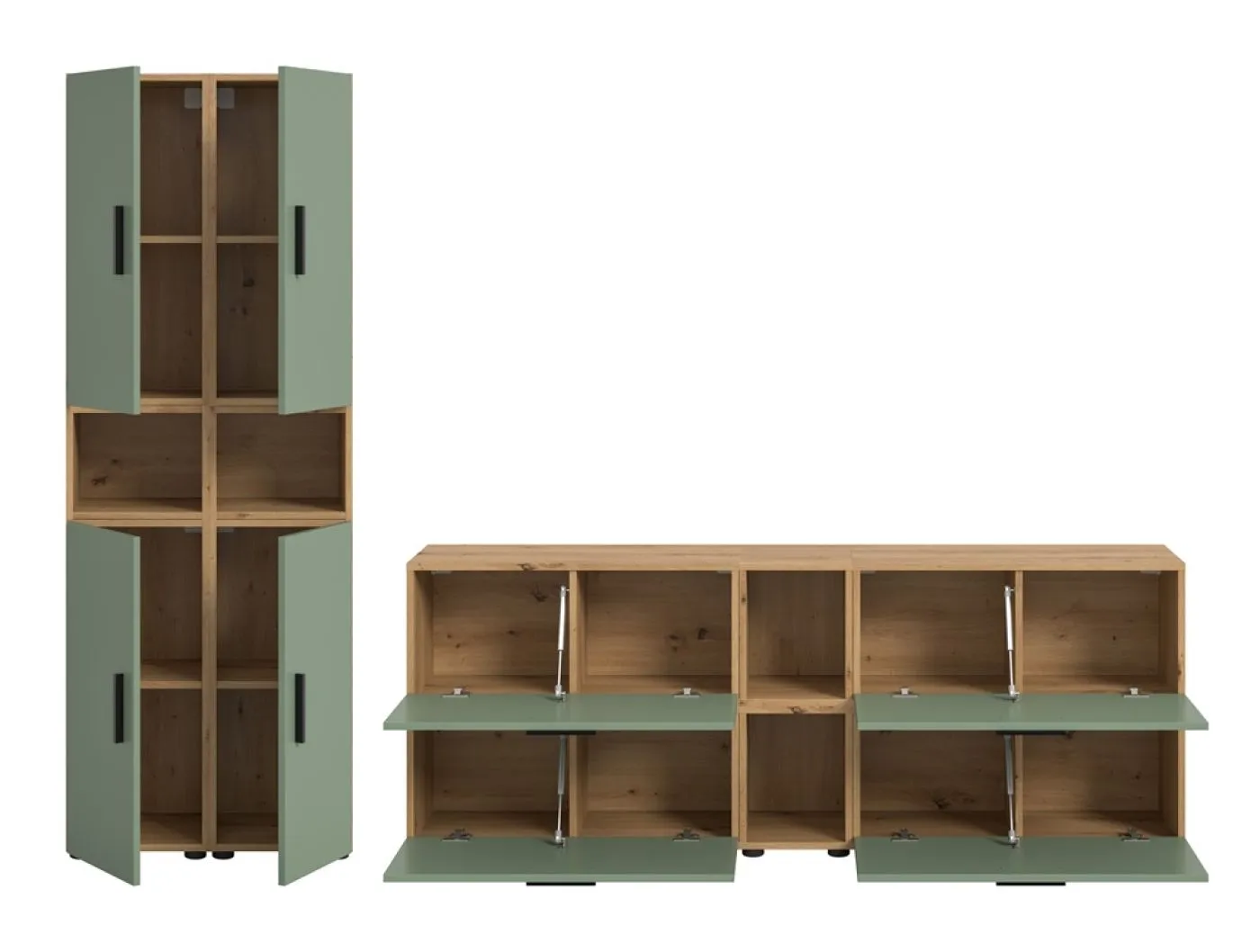 Wohnkombination The One 1 | 12-teilig | Artisan Oak / Smoke Green mit 4er Set Unterbauspot